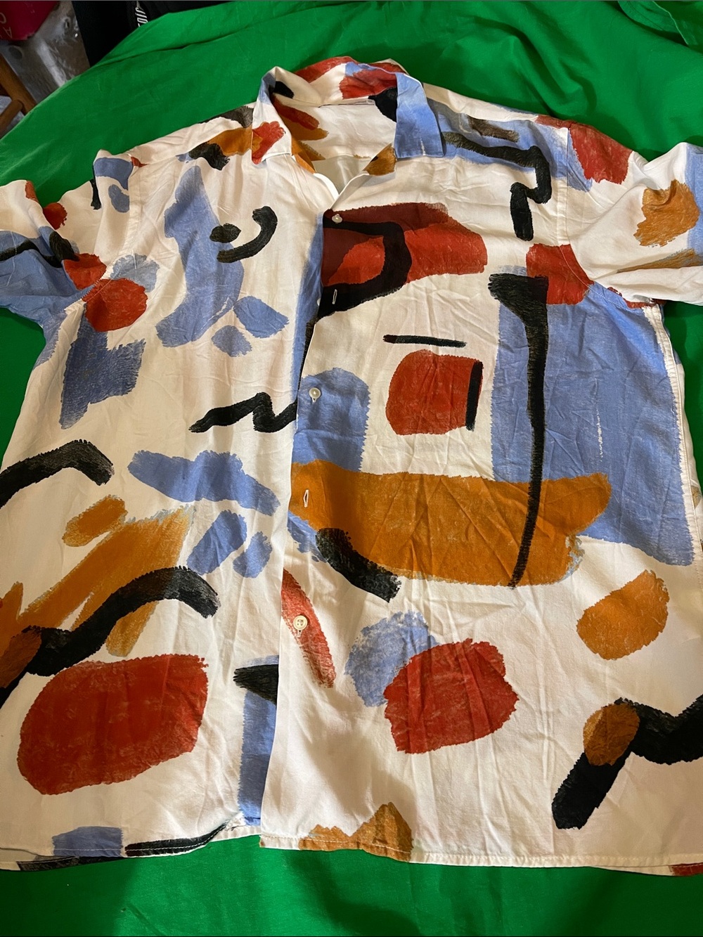 Zara White Button-Down Shirt with Blue, Rust & Mustard Abstract Print